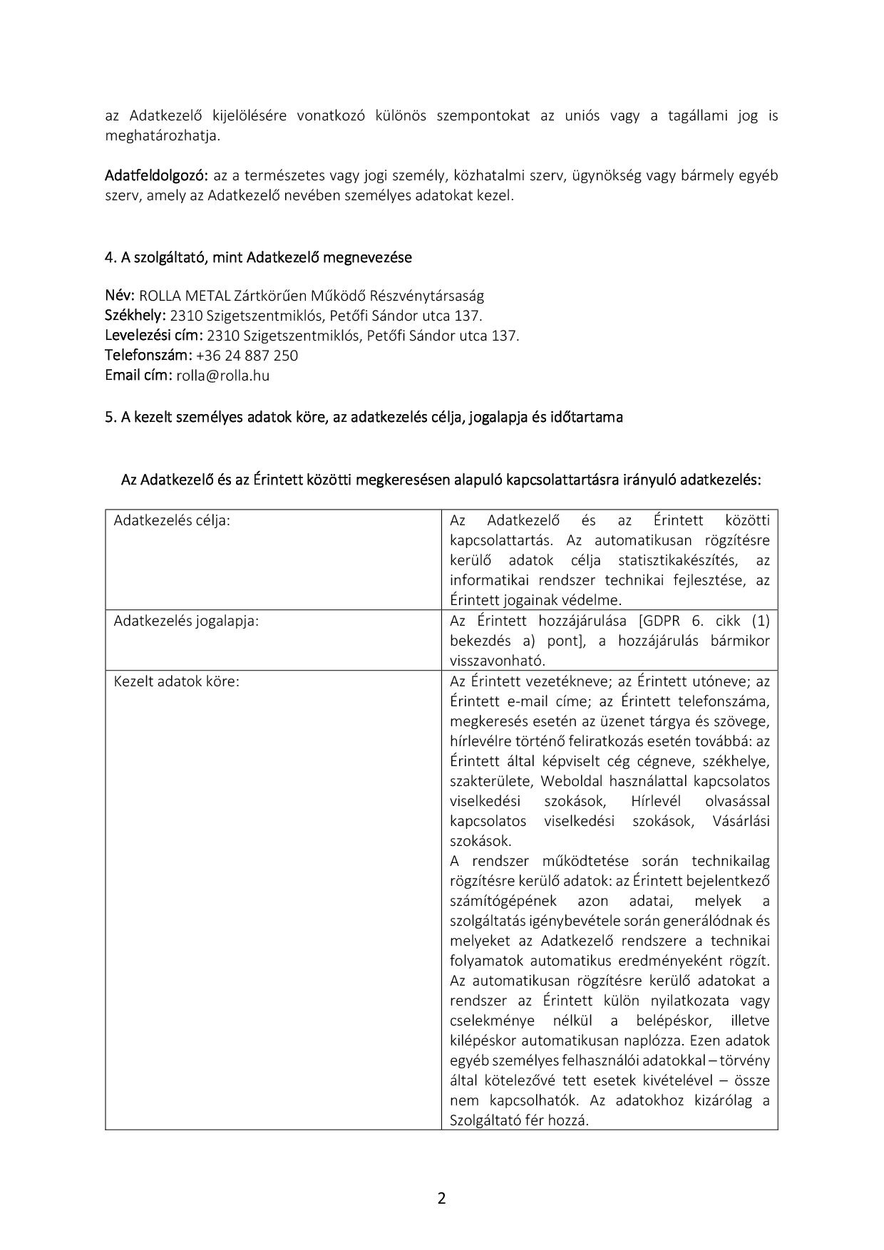 Rolla Metal Zrt. - Adatvédelmi és adatkezelési szabályzat (1. oldal)