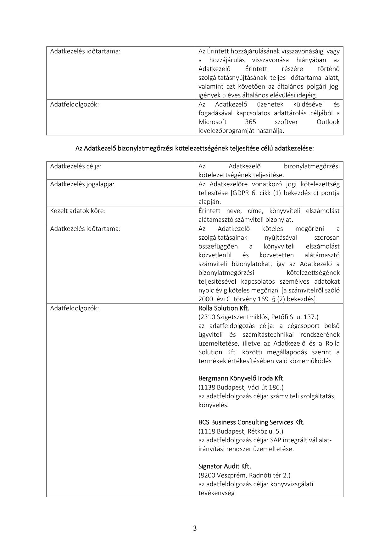 Rolla Metal Zrt. - Adatvédelmi és adatkezelési szabályzat (2. oldal)